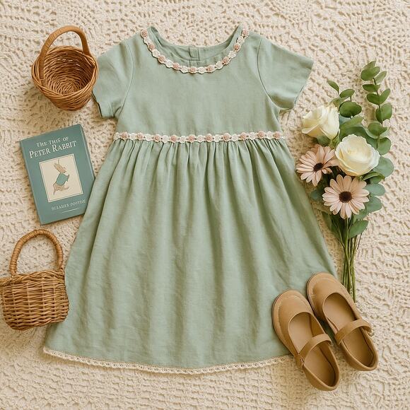 Good Lad of Philadelphia | Vintage 1990s Sage Green Linen Blend Girls Dress | 4T - Picture 1 of 10